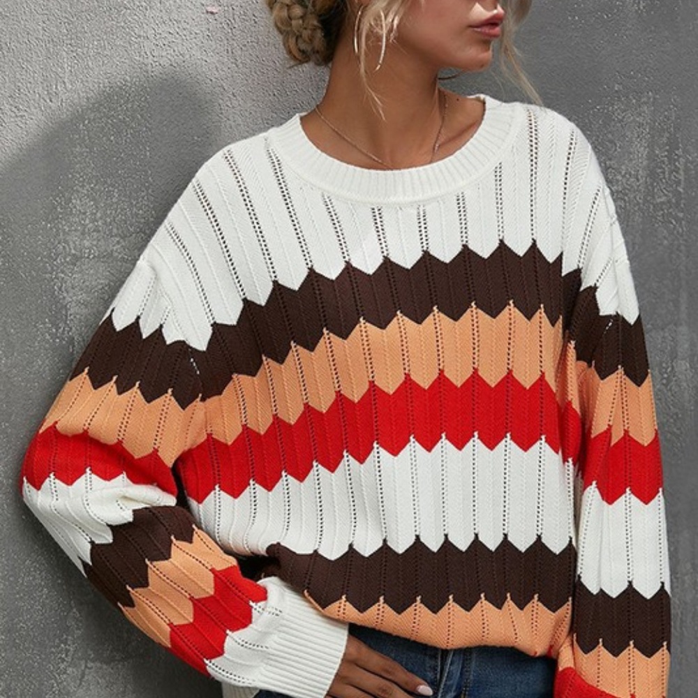 #51 Cream Color block oversized striped knit sweater - Picture 3 of 5